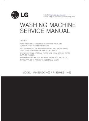 Lg f1495kd service manual cover with LG logo, service website path, washer model codes and service caution notice