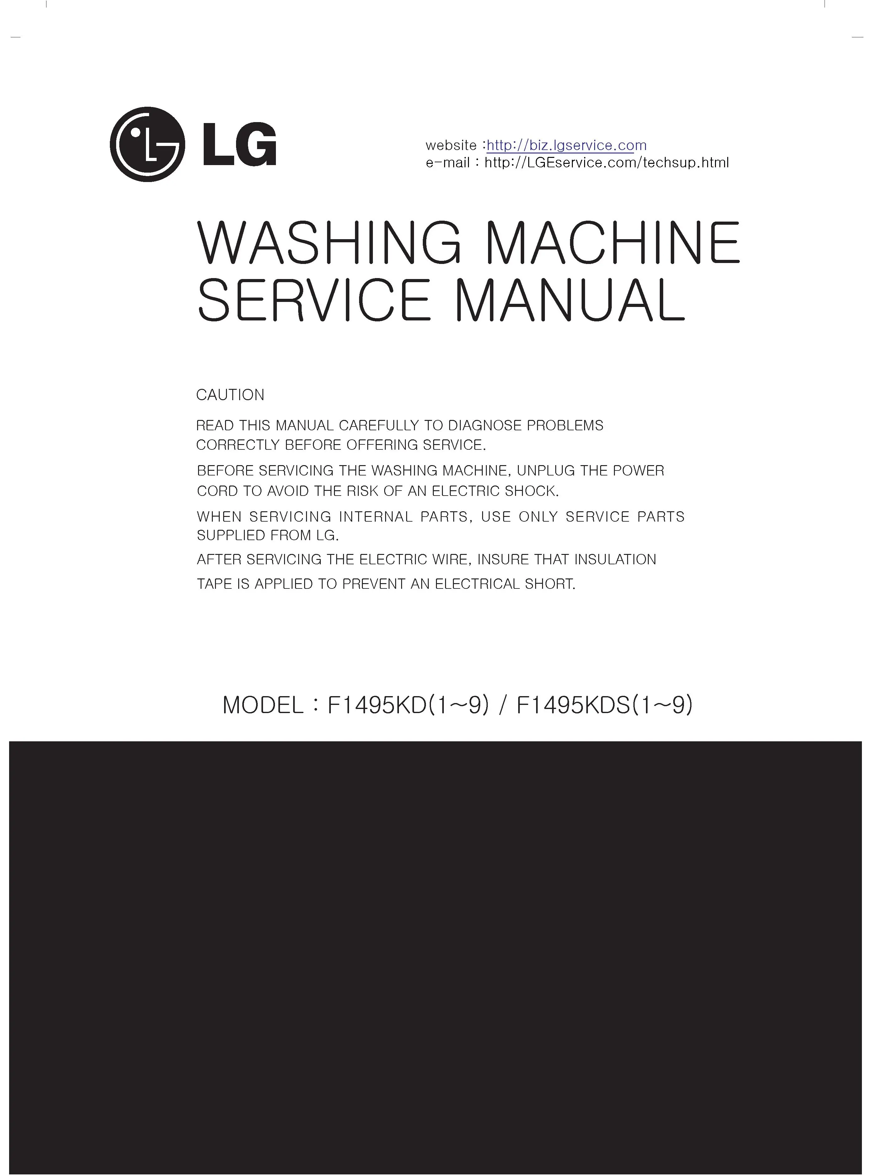 Lg f1495kds service manual cover with LG logo, service website path, washer model codes and service caution notice