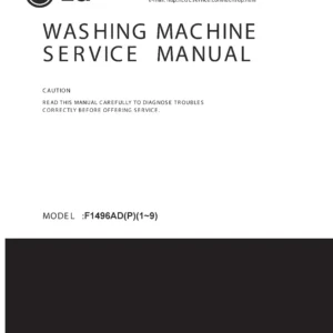 Lg f1496ad3 service manual cover with LG logo, service website path, washer model codes and service caution notice