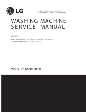 Lg f1496ad3 service manual cover with LG logo, service website path, washer model codes and service caution notice
