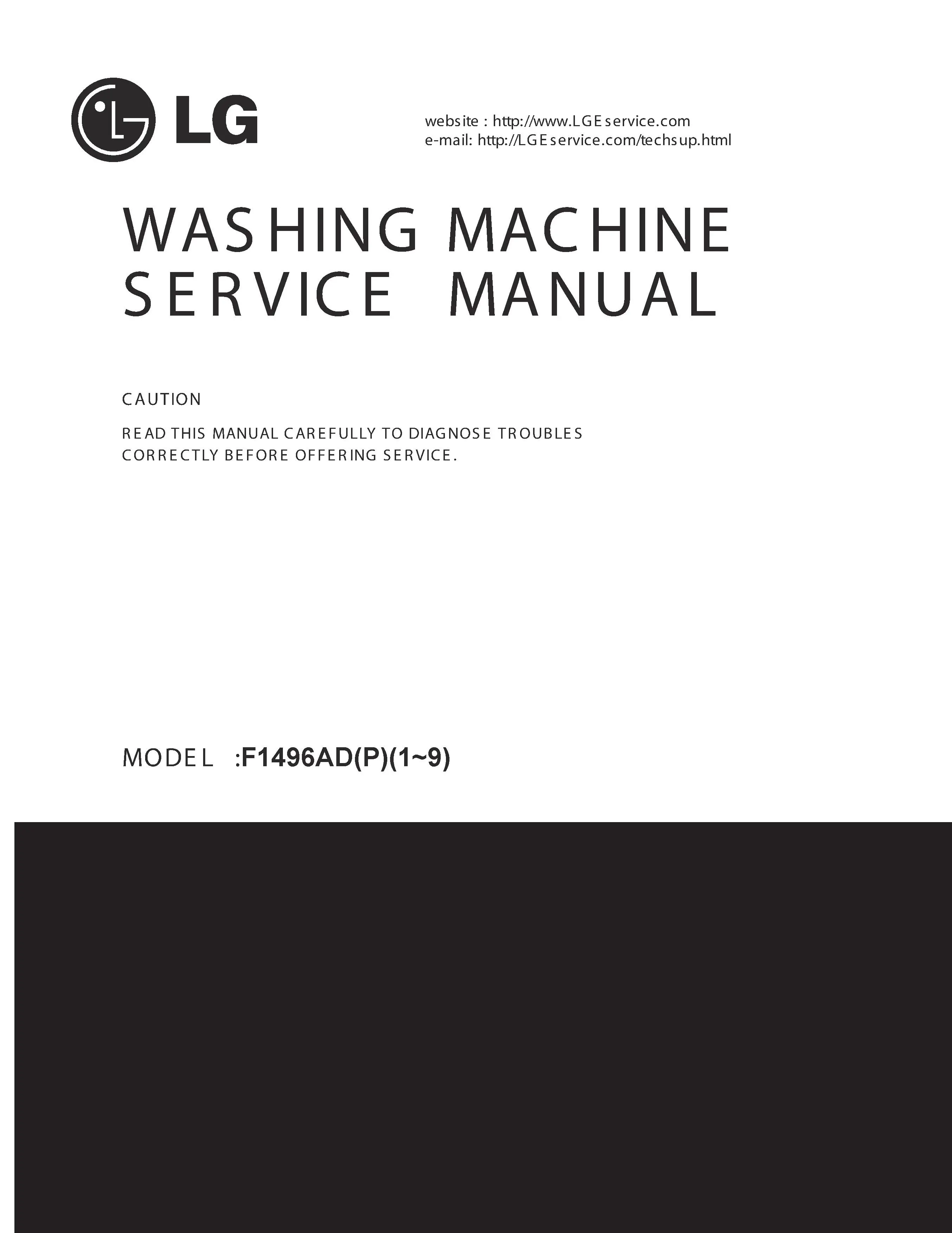 Lg f1496ad3 service manual cover with LG logo, service website path, washer model codes and service caution notice