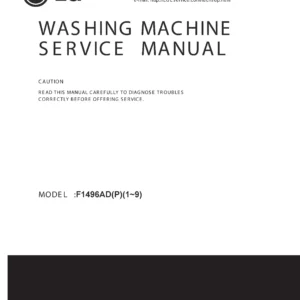 Lg f1496ad5 service manual cover with LG logo, service website path, washer model codes and service caution notice