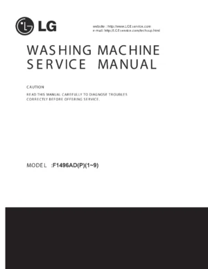 Lg f1496ad5 service manual cover with LG logo, service website path, washer model codes and service caution notice