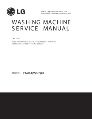 Lg f1496adh service manual cover with LG logo, service website path, washer model codes and service caution notice