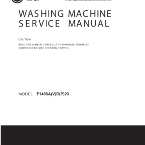 Lg f1496adhp3 service manual cover with LG logo, service website path, washer model codes and service caution notice