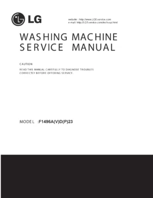 Lg f1496adhp3 service manual cover with LG logo, service website path, washer model codes and service caution notice