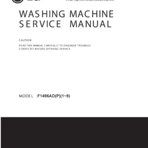Lg f1496adp23 service manual cover with LG logo, service website path, washer model codes and service caution notice