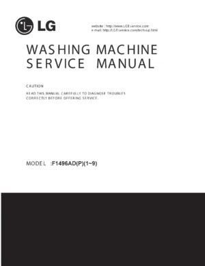 Lg f1496adp23 service manual cover with LG logo, service website path, washer model codes and service caution notice