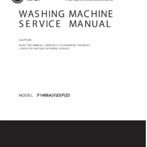 Lg f1496adp24 service manual cover with LG logo, service website path, washer model codes and service caution notice