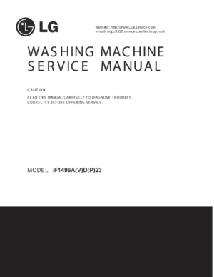 Lg f1496adp24 service manual cover with LG logo, service website path, washer model codes and service caution notice