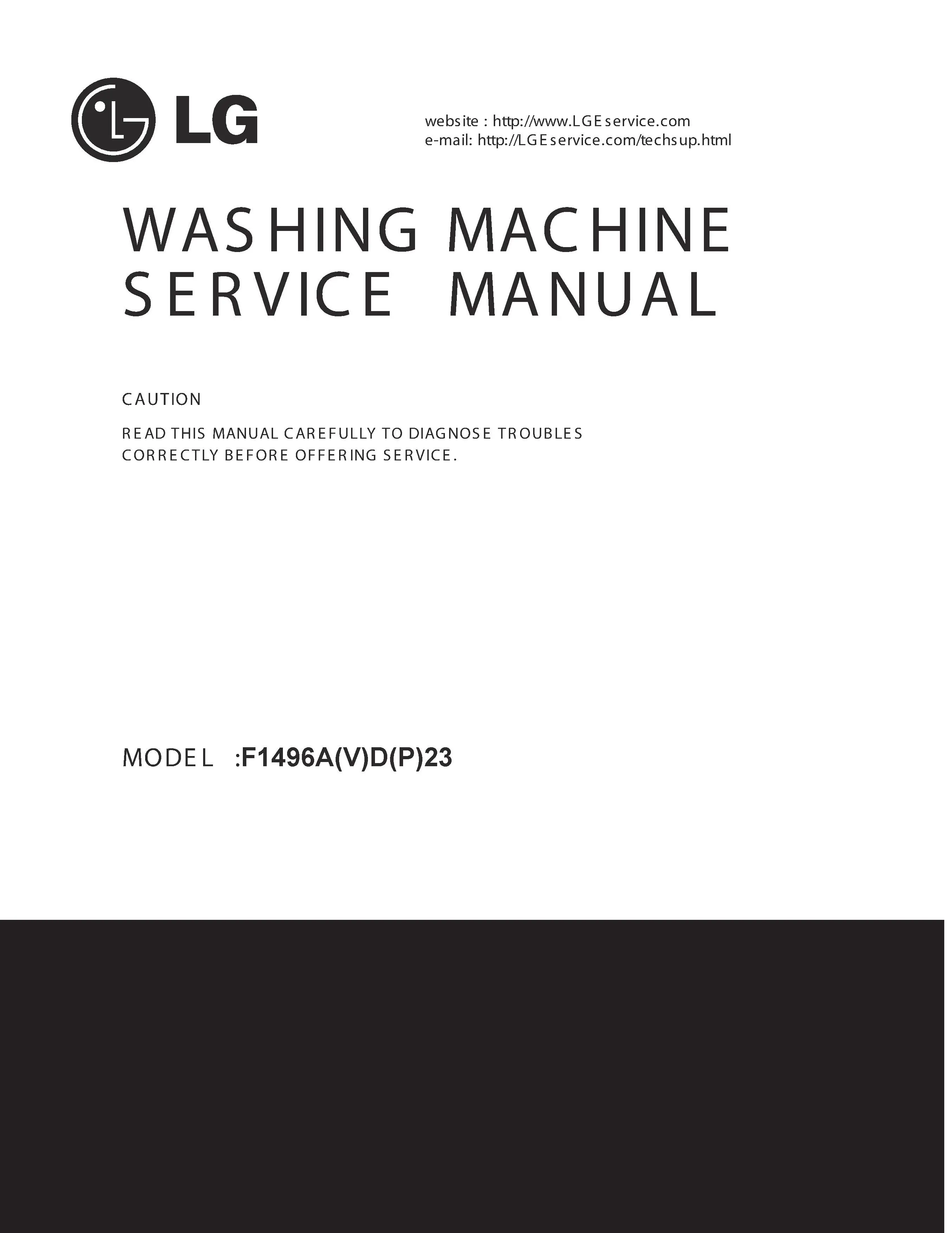 Lg f1496adp24 service manual cover with LG logo, service website path, washer model codes and service caution notice