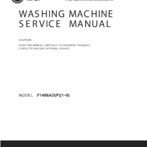 Lg f1496adp3 service manual cover with LG logo, service website path, washer model codes and service caution notice