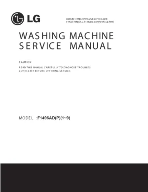 Lg f1496adp3 service manual cover with LG logo, service website path, washer model codes and service caution notice