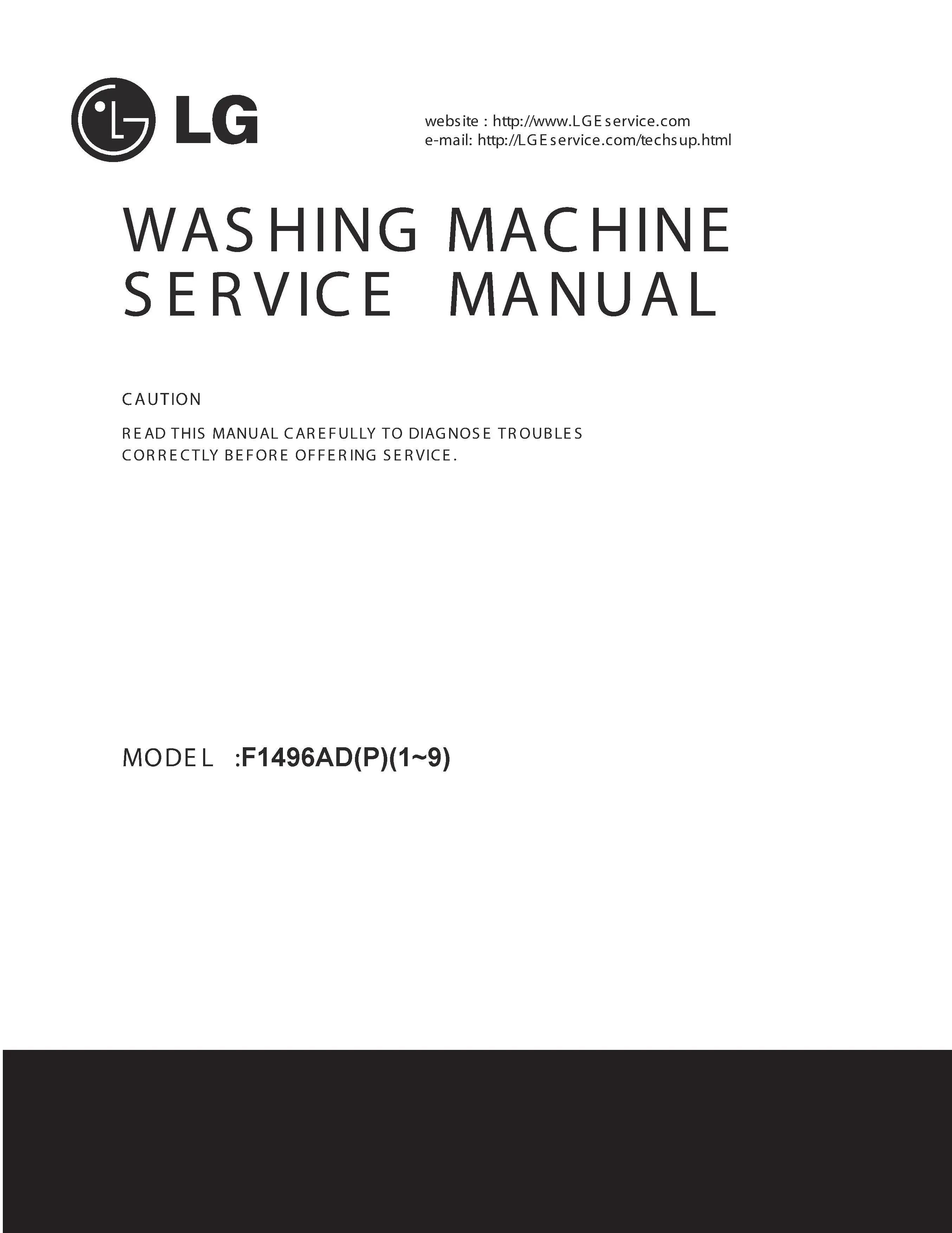 Lg f1496adp3 service manual cover with LG logo, service website path, washer model codes and service caution notice
