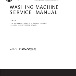 Lg f1496adp4 service manual cover with LG logo, service website path, washer model codes and service caution notice