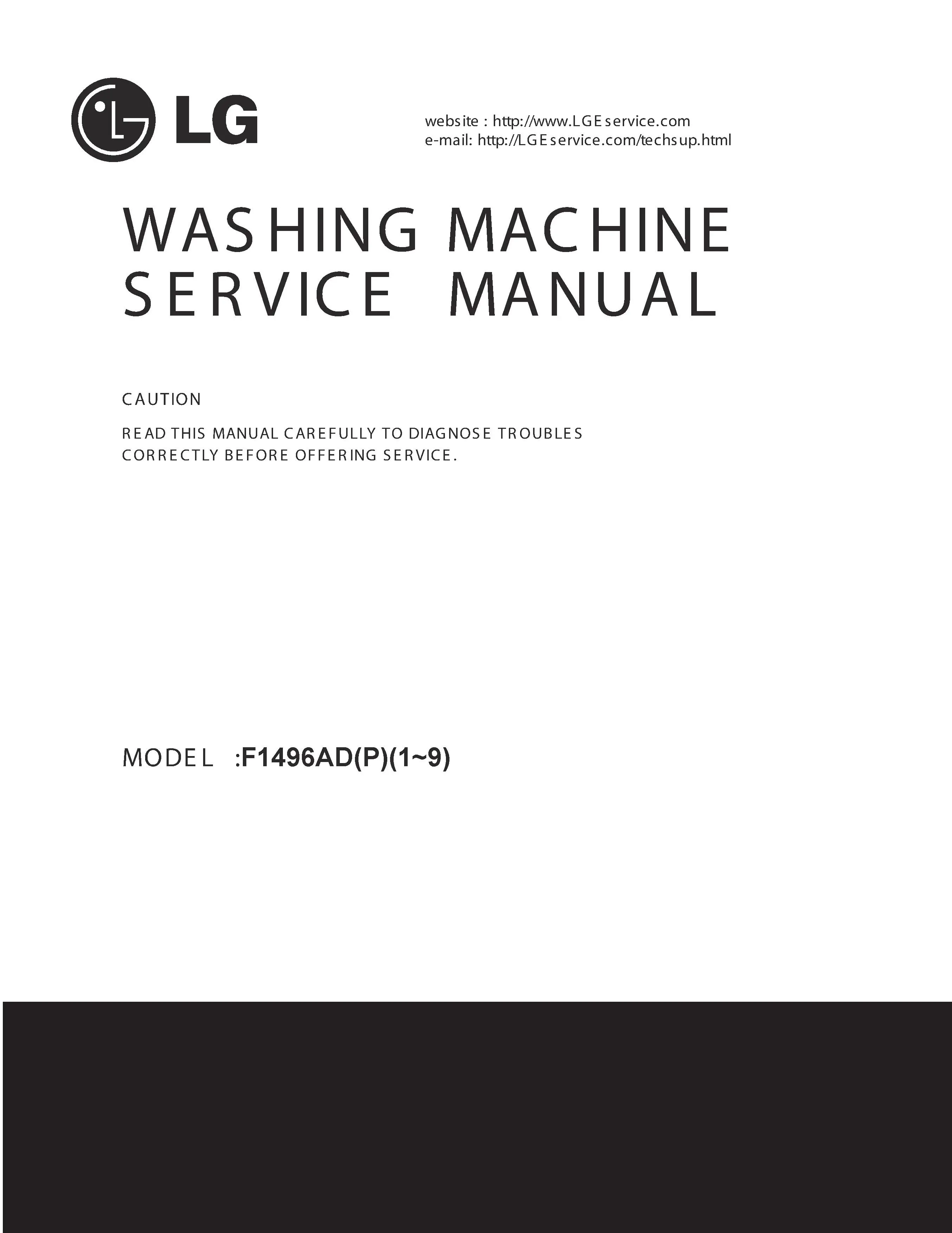 Lg f1496adp4 service manual cover with LG logo, service website path, washer model codes and service caution notice
