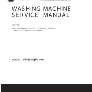 Lg f1496adp7 service manual cover with LG logo, service website path, washer model codes and service caution notice