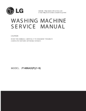 Lg f1496adp7 service manual cover with LG logo, service website path, washer model codes and service caution notice