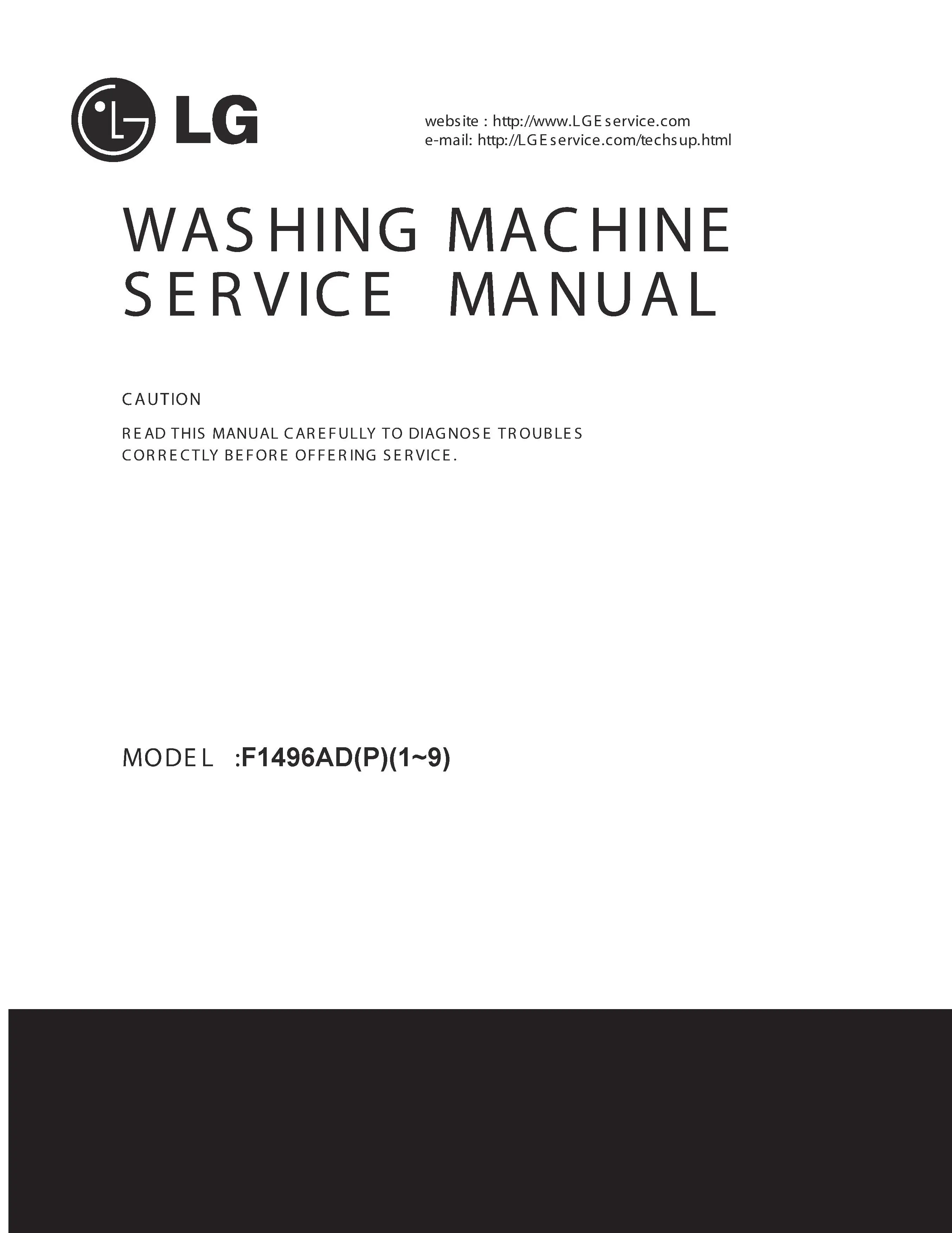 Lg f1496adp7 service manual cover with LG logo, service website path, washer model codes and service caution notice