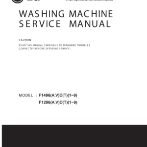 Lg f1496adt4 service manual cover with LG logo, service website path, washer model codes and service caution notice