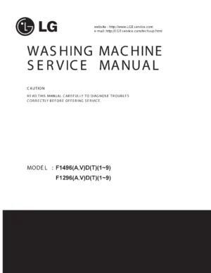 Lg f1496adt4 service manual cover with LG logo, service website path, washer model codes and service caution notice