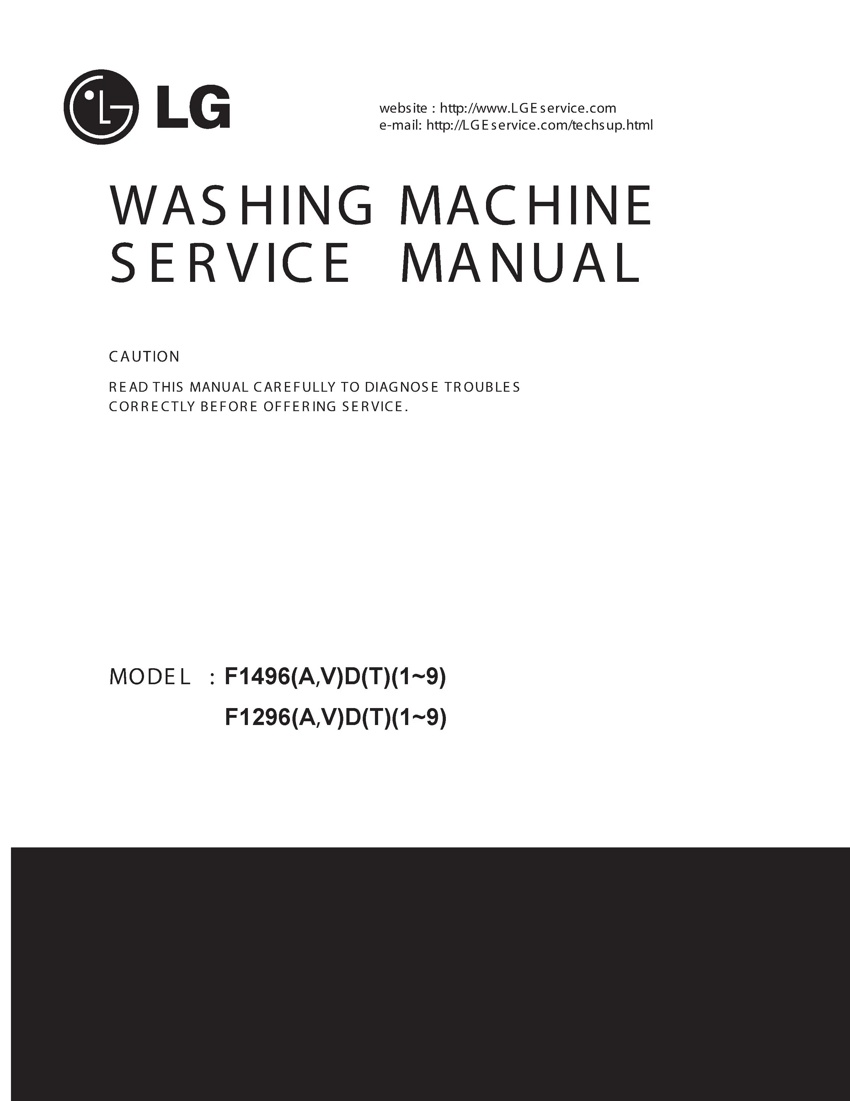 Lg f1496adt4 service manual cover with LG logo, service website path, washer model codes and service caution notice