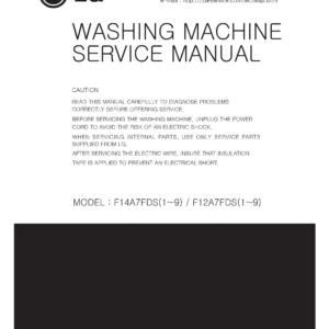 Lg f14a7fds service manual cover with LG logo, service website path, washer model codes and service caution notice