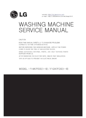 Lg f14a7fdsa5 service manual cover with LG logo, service website path, washer model codes and service caution notice