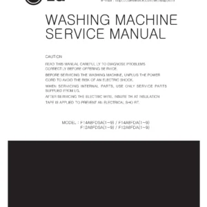 Lg f14a8fda service manual cover with LG logo, service website path, washer model codes and service caution notice