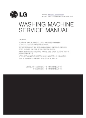 Lg f14a8fda service manual cover with LG logo, service website path, washer model codes and service caution notice
