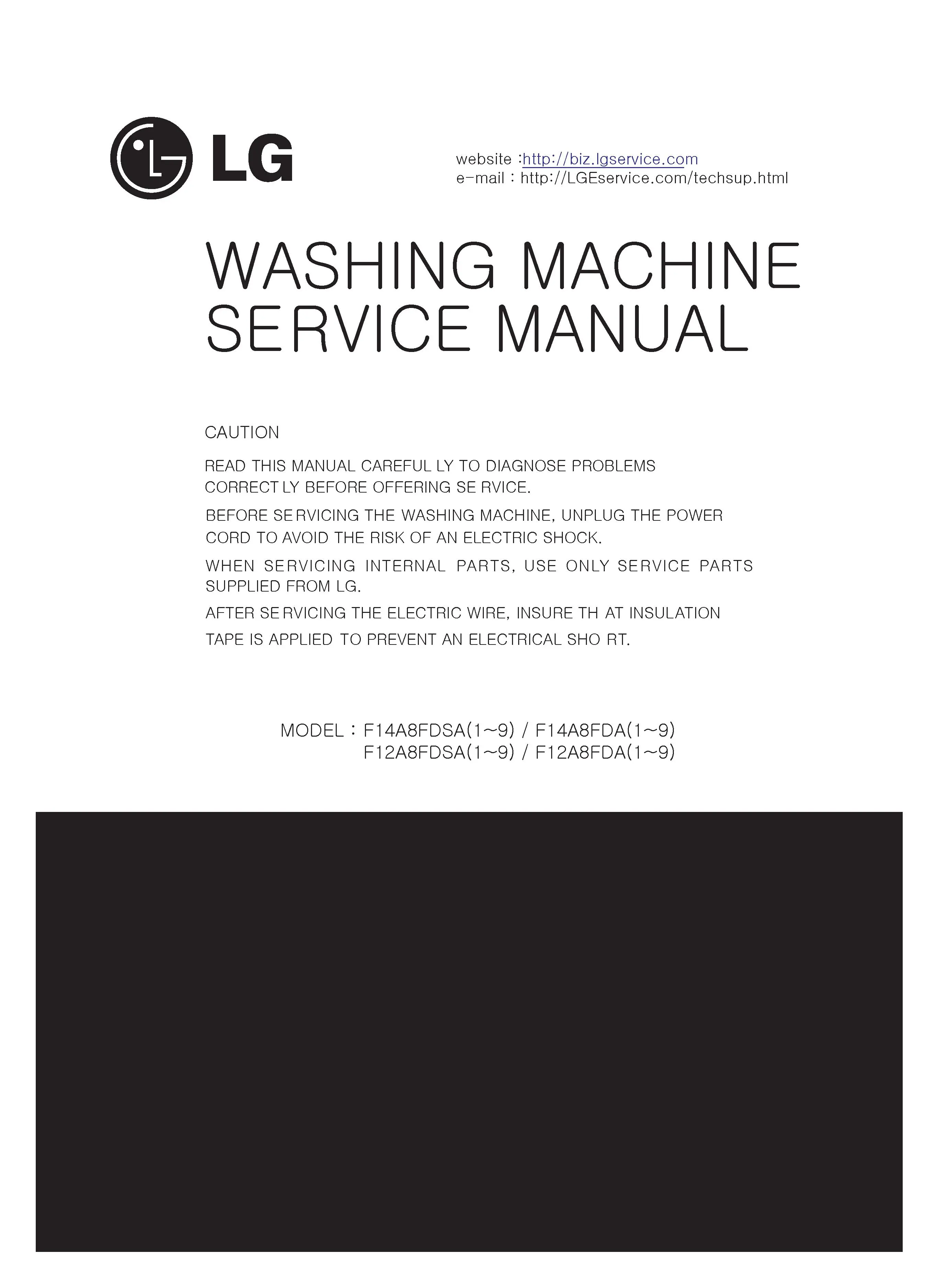 Lg f14a8fda service manual cover with LG logo, service website path, washer model codes and service caution notice