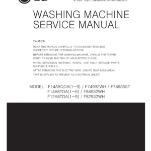 Lg f14a8qda service manual cover with LG logo, service website path, washer model codes and service caution notice