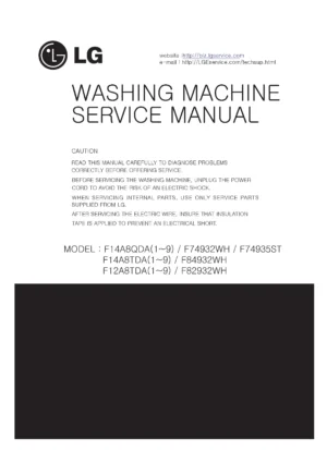Lg f14a8qda service manual cover with LG logo, service website path, washer model codes and service caution notice