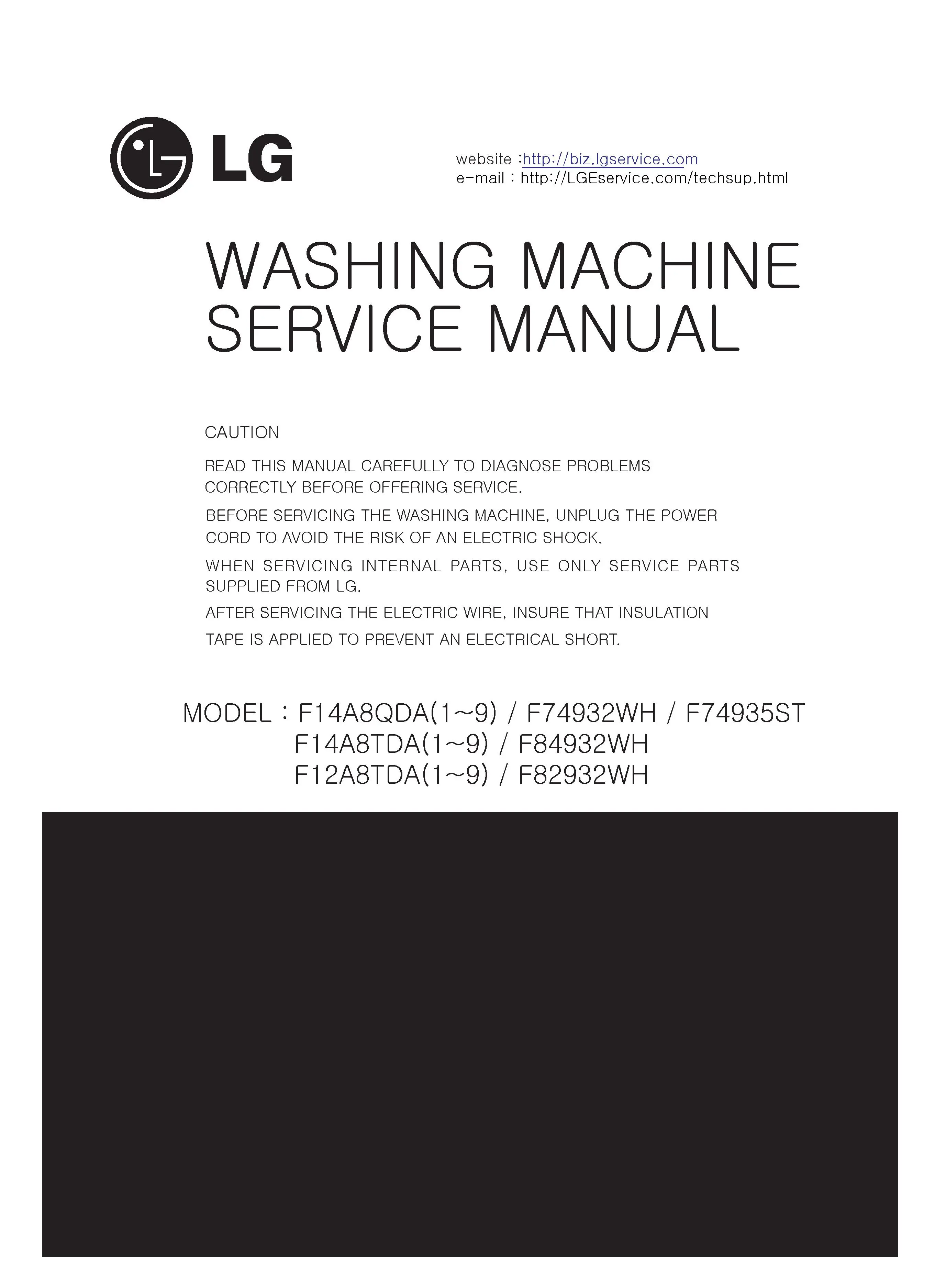Lg f14a8qda service manual cover with LG logo, service website path, washer model codes and service caution notice
