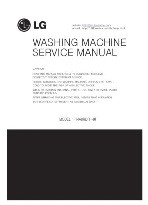 Lg f14a8rd service manual cover with LG logo, service website path, washer model codes and service caution notice