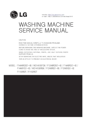 Lg f14a8rd5 service manual cover with LG logo, service website path, washer model codes and service caution notice