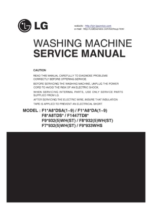 Lg f14a8tda service manual cover with LG logo, service website path, washer model codes and service caution notice