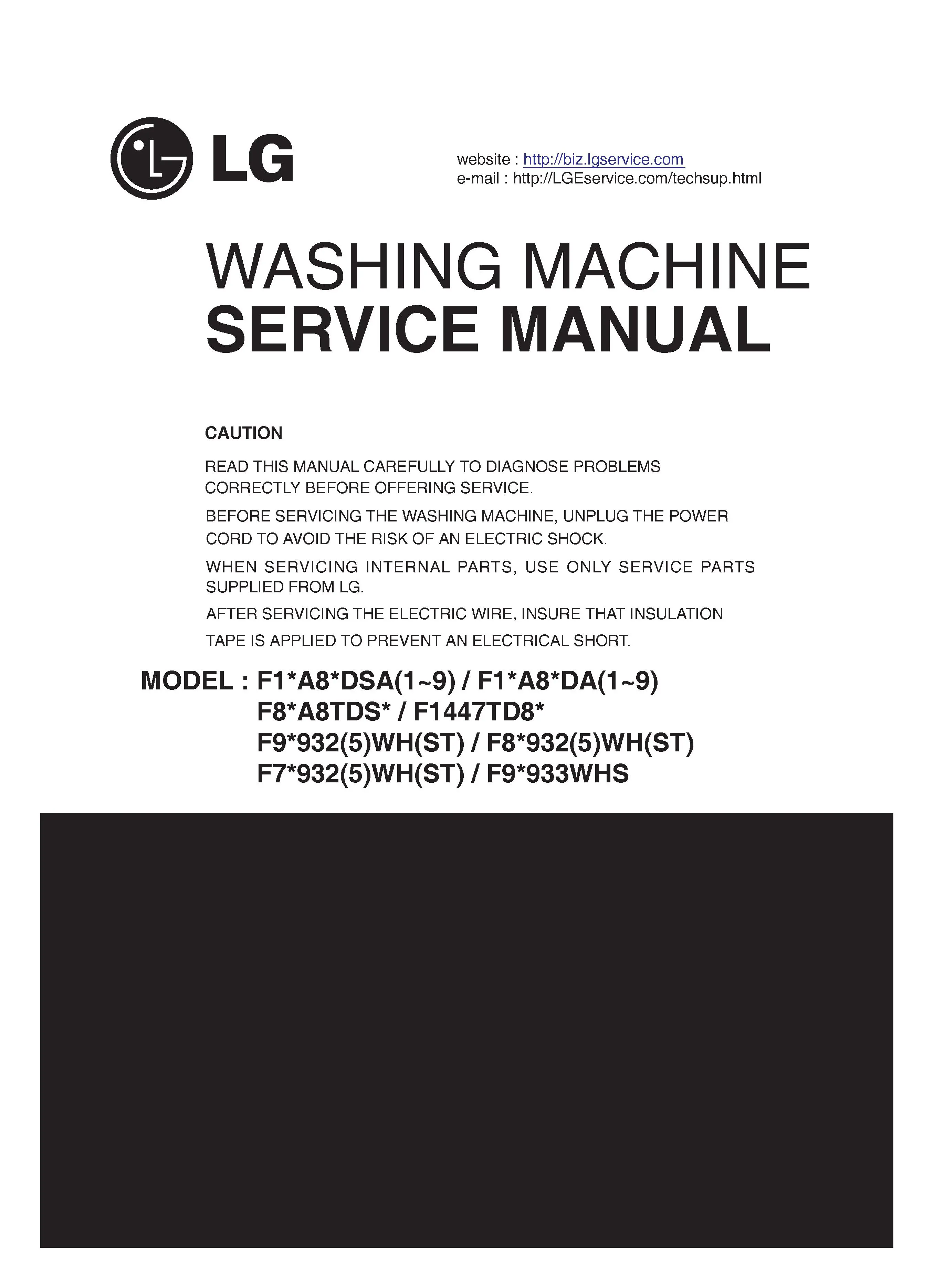 Lg f14a8tda service manual cover with LG logo, service website path, washer model codes and service caution notice