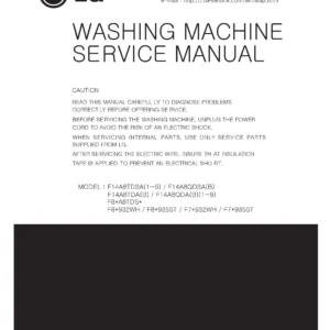 Lg f14a8tdn service manual cover with LG logo, service website path, washer model codes and service caution notice