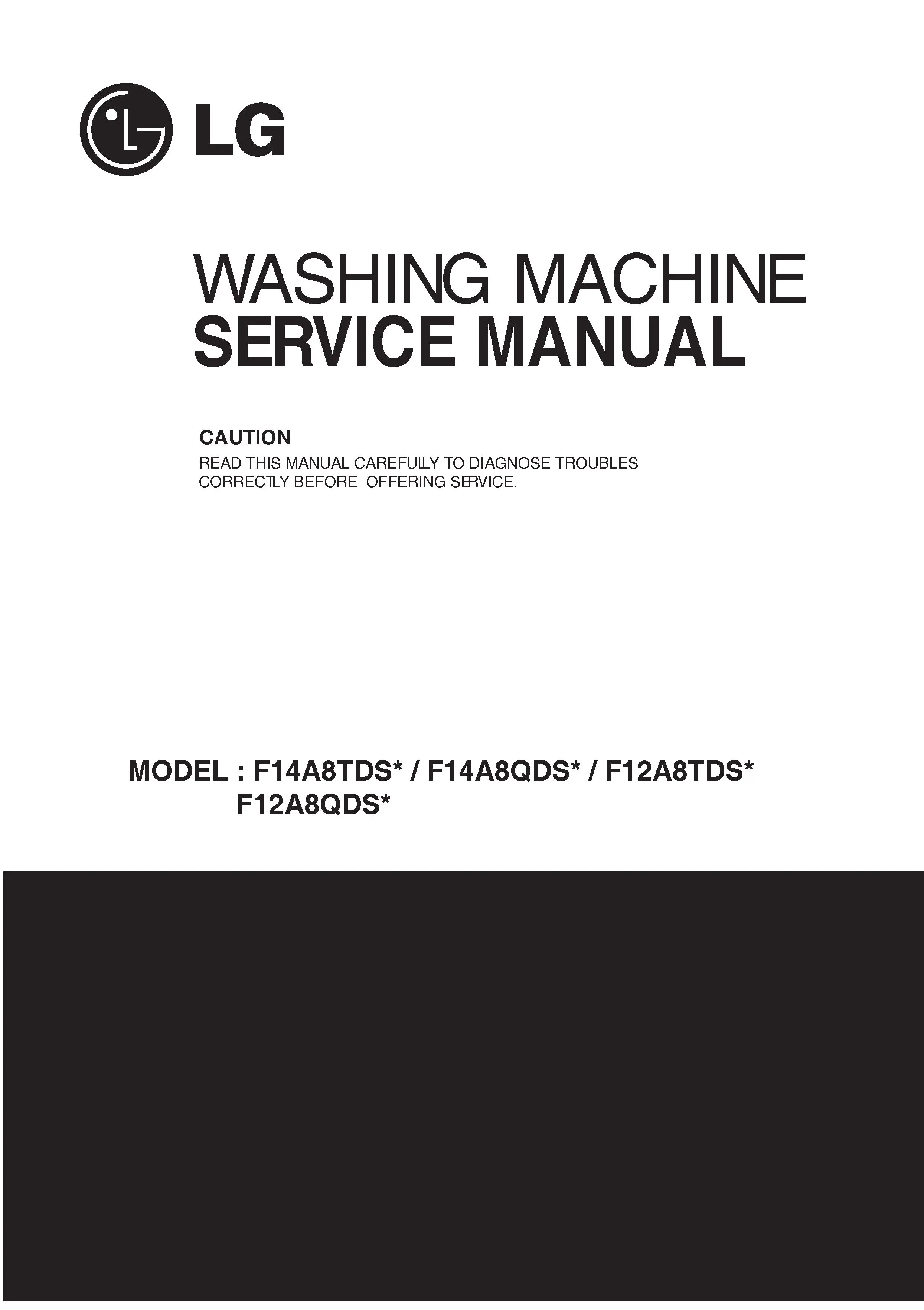 Lg f14a8tds5 service manual cover with LG logo, service website path, washer model codes and service caution notice