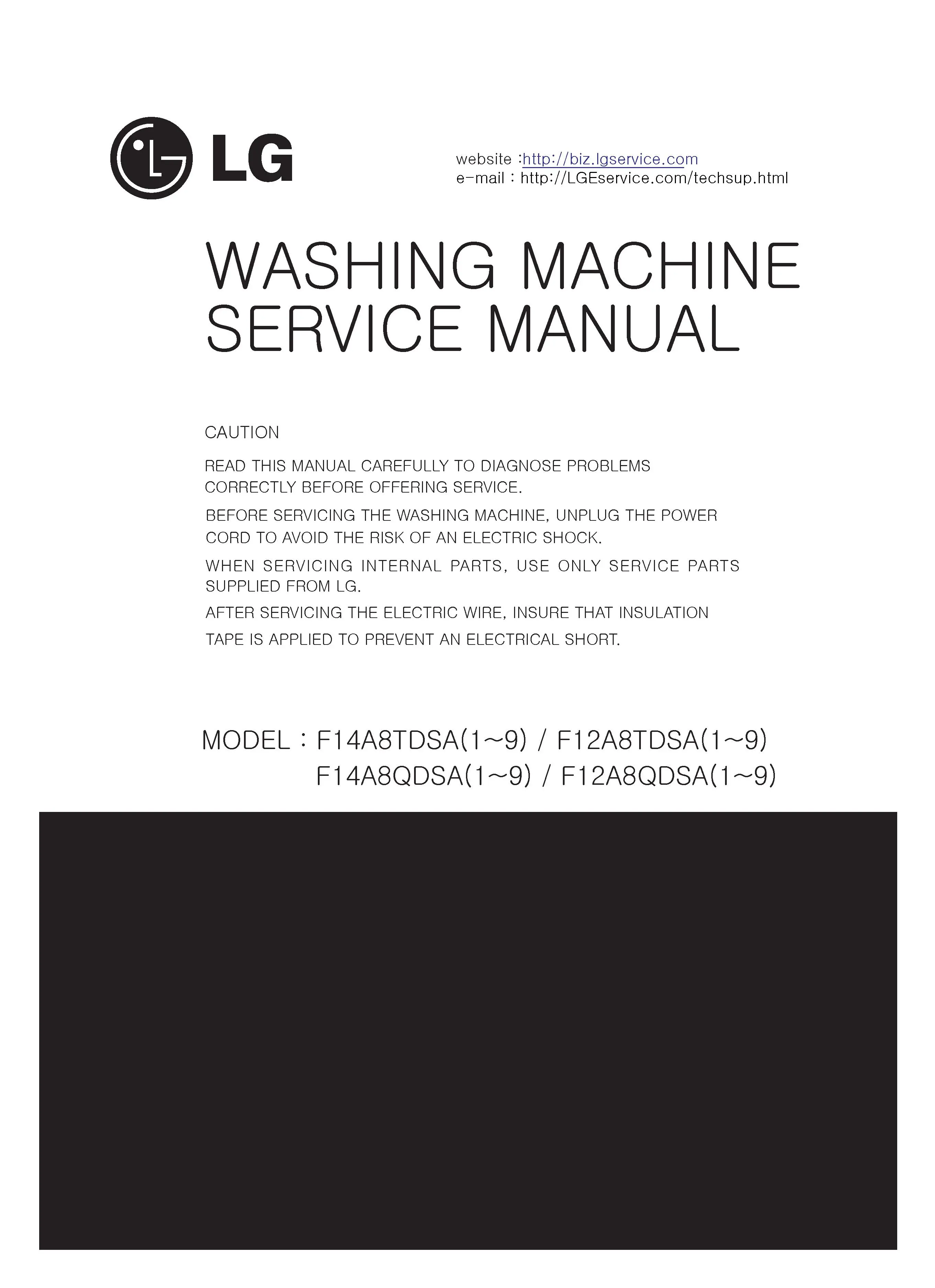 Lg f14a8tdsa5 service manual cover with LG logo, service website path, washer model codes and service caution notice