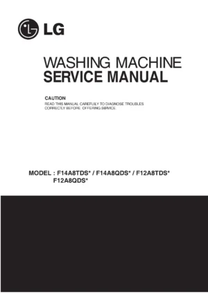 Lg f14a8tdwa service manual cover with LG logo, service website path, washer model codes and service caution notice