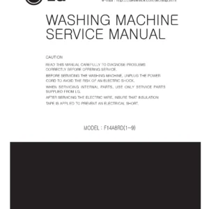 Lg f14a8yd service manual cover with LG logo, service website path, washer model codes and service caution notice