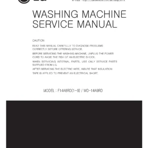 Lg f14a8yd5 service manual cover with LG logo, service website path, washer model codes and service caution notice