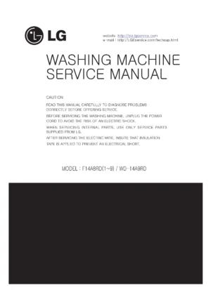 Lg f14a8yd5 service manual cover with LG logo, service website path, washer model codes and service caution notice