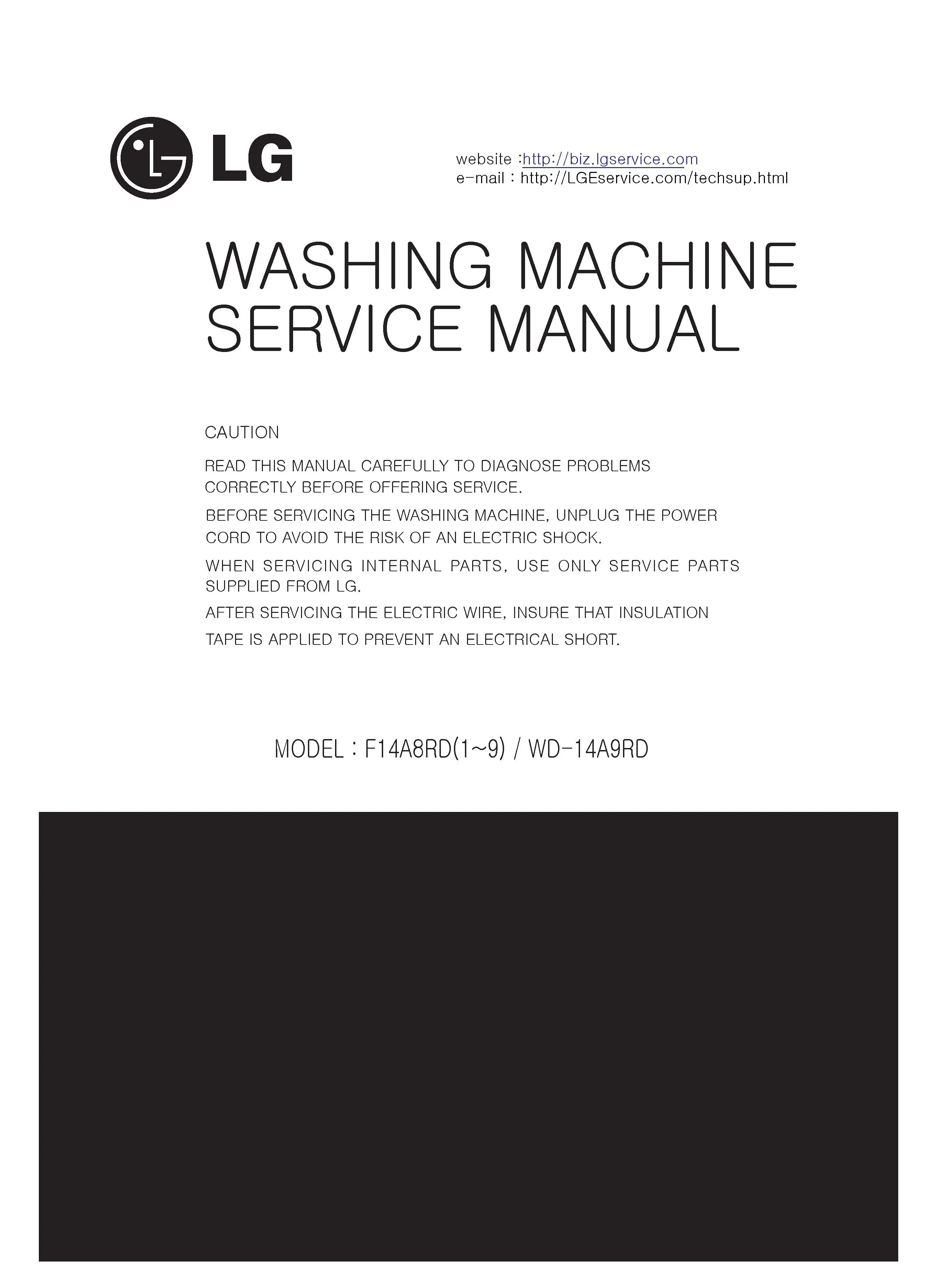 Lg f14a8yd5 service manual cover with LG logo, service website path, washer model codes and service caution notice