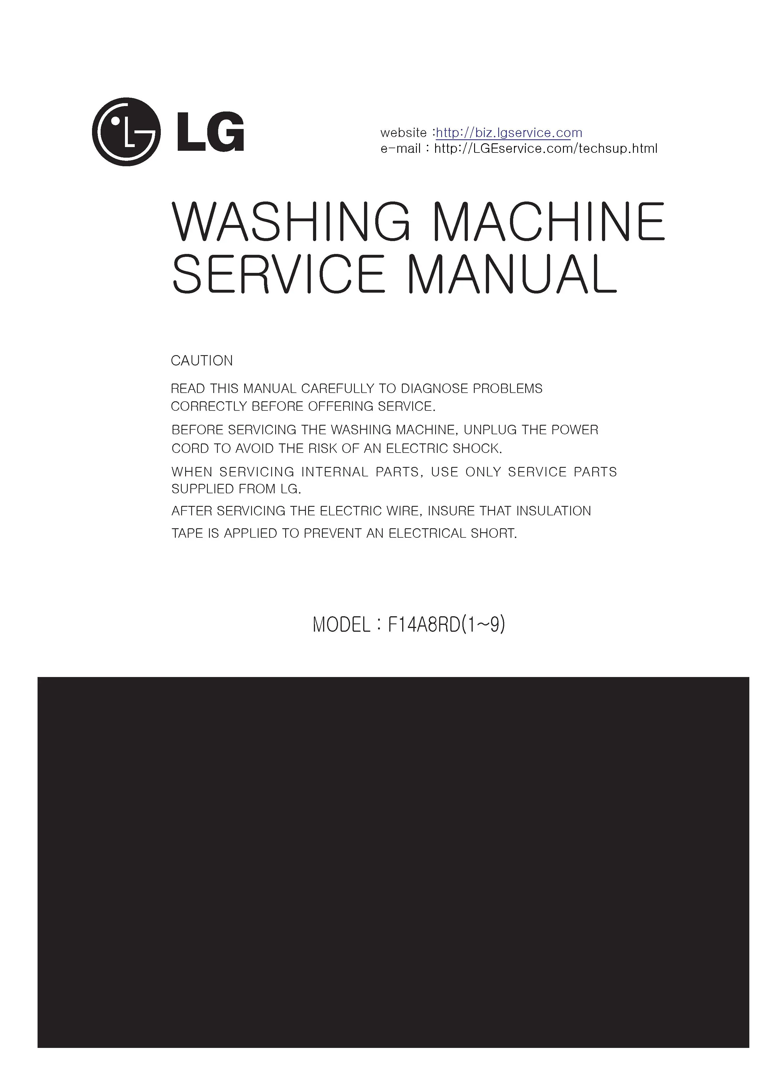 Lg f14a8yd6 service manual cover with LG logo, service website path, washer model codes and service caution notice