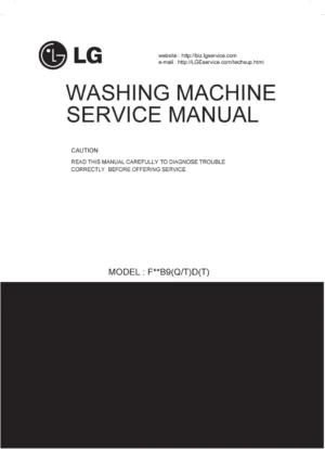 Lg f14b9qda service manual cover with LG logo, service website path, washer model codes and service caution notice