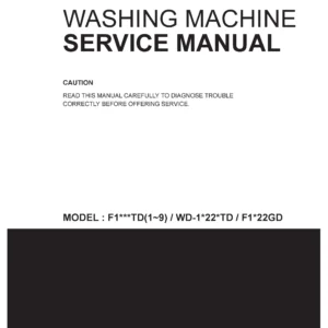 Lg f1622gd service manual cover with LG logo, service website path, washer model codes and service caution notice