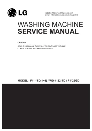 Lg f1622gd service manual cover with LG logo, service website path, washer model codes and service caution notice
